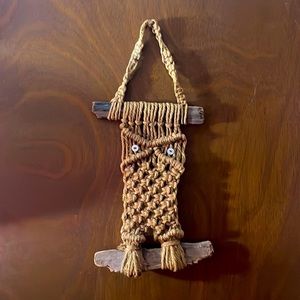 Vintage Macrame owl with drift wood